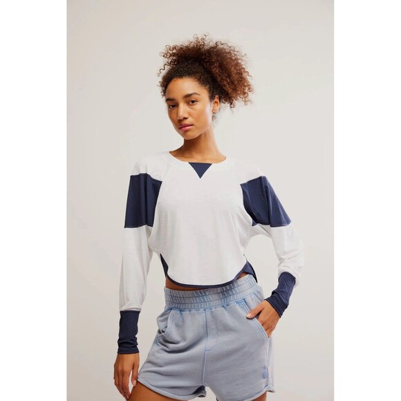 Free People Movement Spotlight Long Sleeve Layer Tee in White Navy Combo EUC - Picture 1 of 8
